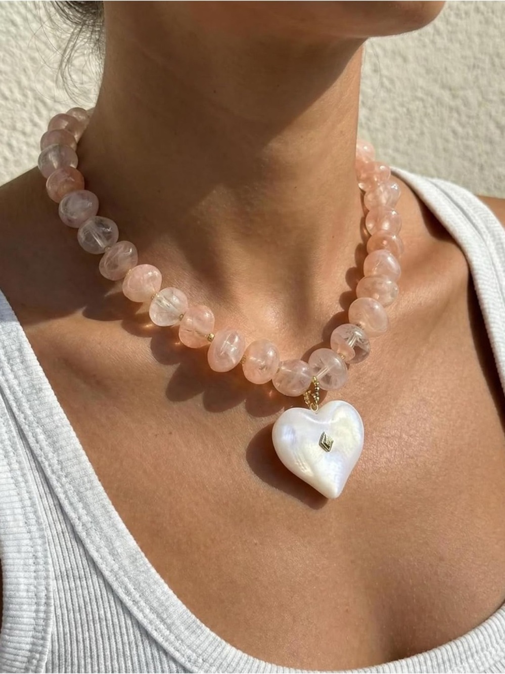 Light Pink Beaded Necklace with White Heart NEW